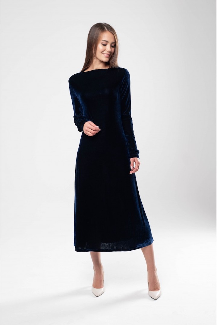 Фото товара 15668, темно-синее бархатное платье